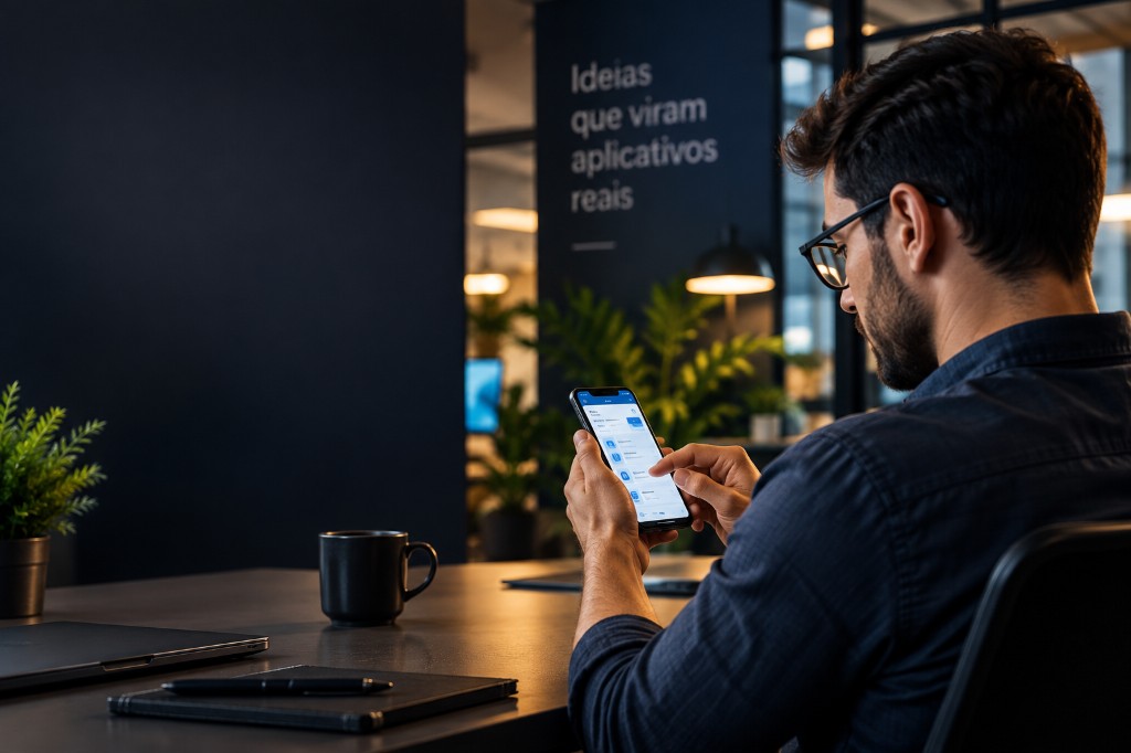 Profissional utilizando um aplicativo no smartphone em ambiente de escritório