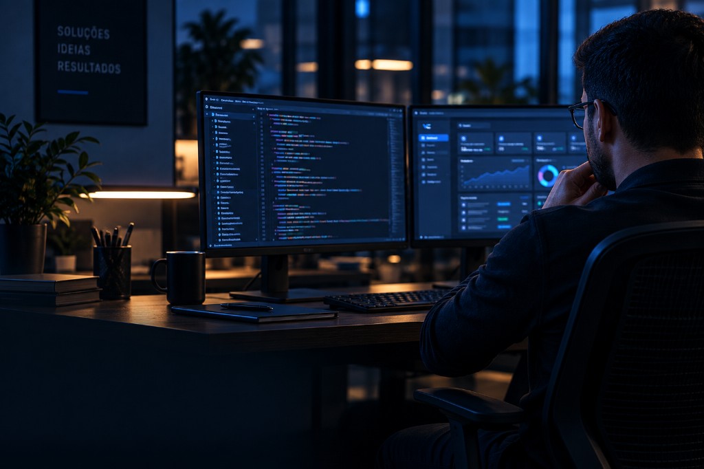 Profissional de desenvolvimento analisando código e sistema em dois monitores